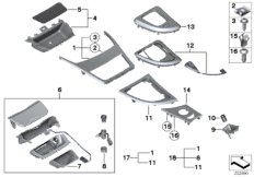 Доп.элементы центральной консоли для BMW E81 118i N46N (схема запасных частей)
