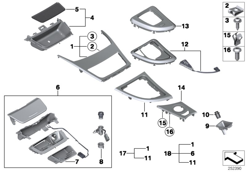 Доп.элементы центральной консоли для BMW E82 120d N47 (схема запчастей)