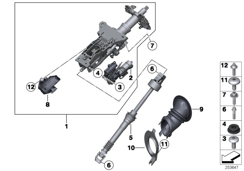 Рулевая колонка с электропр./доп.детали для BMW E63 630i N52 (схема запчастей)