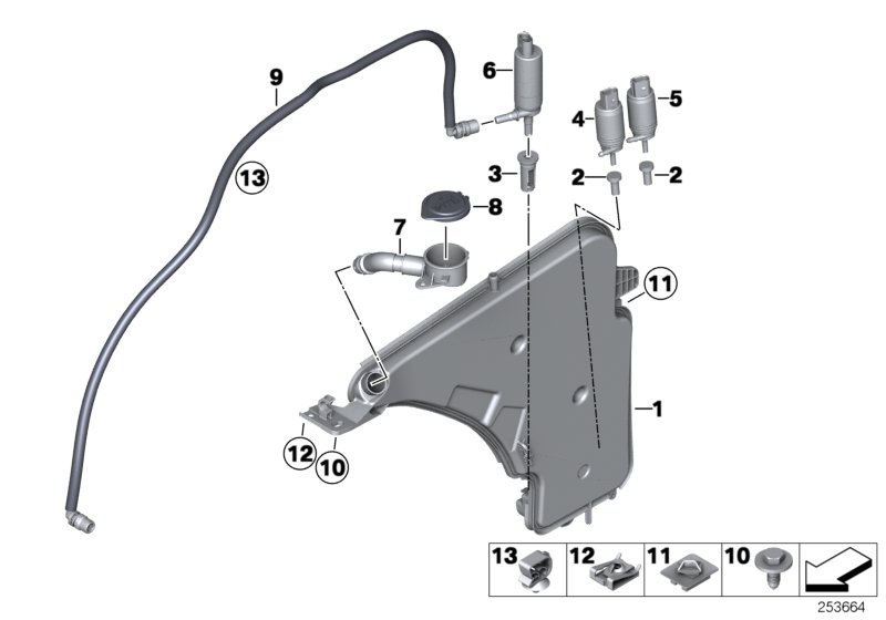Бачок стеклоомывателя/омывателя фар для BMW F22 220d N47N (схема запчастей)