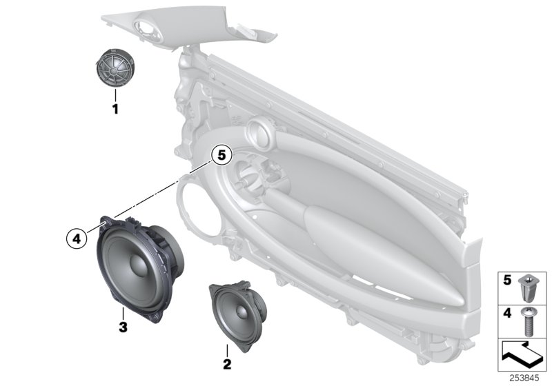 Детали динамика в двери Пд для MINI R58 Cooper S N18 (схема запчастей)