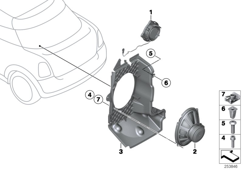 Детали заднего динамика для BMW R58 Cooper SD N47N (схема запчастей)