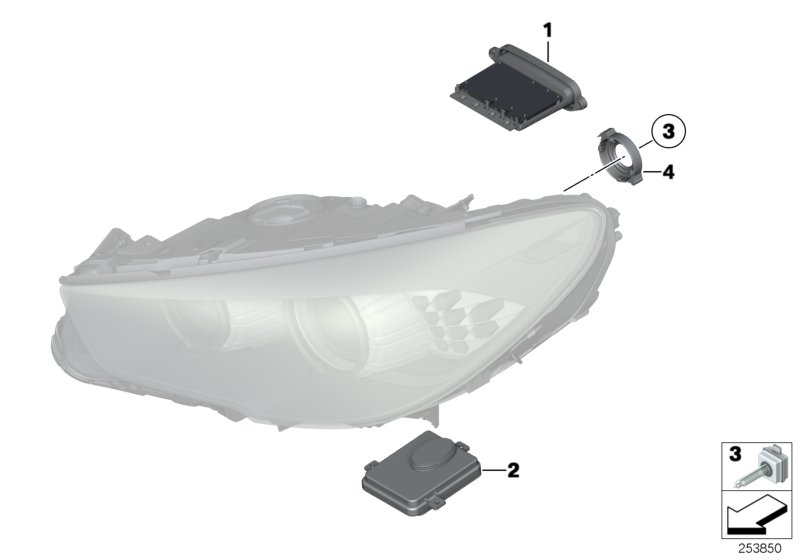 Фары: электронные детали/лампы для BMW F10 Hybrid 5 N55 (схема запчастей)