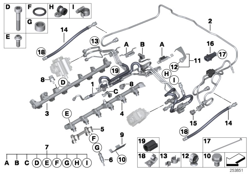 Система впрыска, топливопровод для BMW RR3N Coupé N73 (схема запчастей)