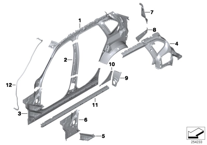 Детали бокового каркаса для BMW E84 X1 20d ed N47N (схема запчастей)