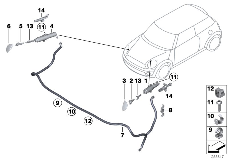 Детали системы омывателей фар для BMW R55N Cooper D 1.6 N47N (схема запчастей)