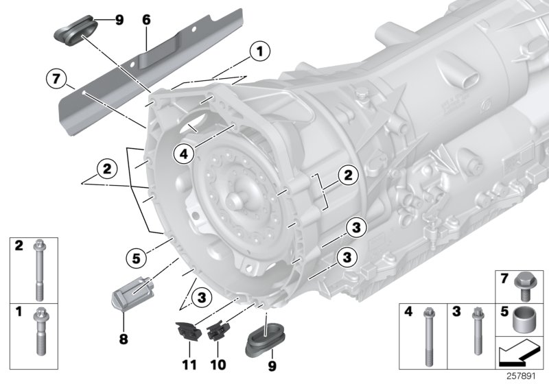 Крепление/дополнит.элементы КПП для BMW E84 X1 20iX N20 (схема запчастей)