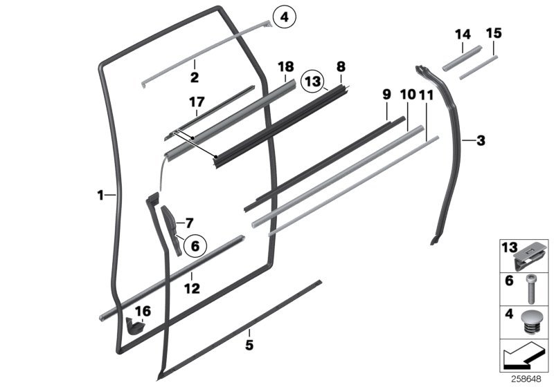 Накладки и уплотнения двери Зд для ROLLS-ROYCE RR1 Phantom N73 (схема запчастей)
