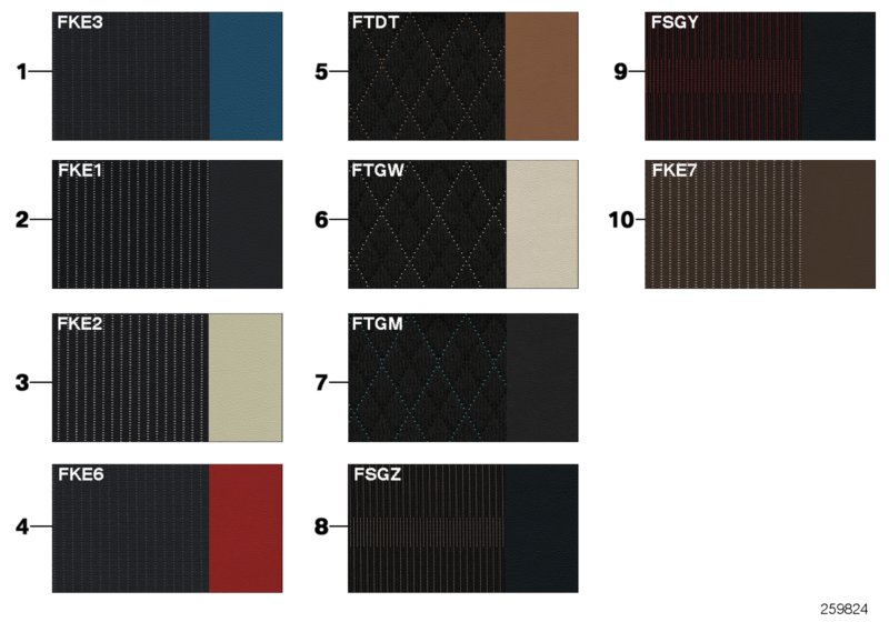Стр.с образцами, цвета обивки кожа/ткань для MINI R55N One N16 (схема запчастей)