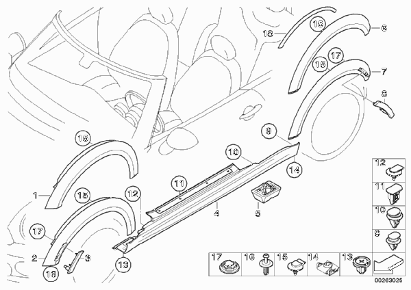 Накладка порог / арка колеса для BMW R57 Cooper S N14 (схема запчастей)