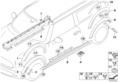 Накладка порог / арка колеса для BMW R55 Cooper S N14 (схема запасных частей)