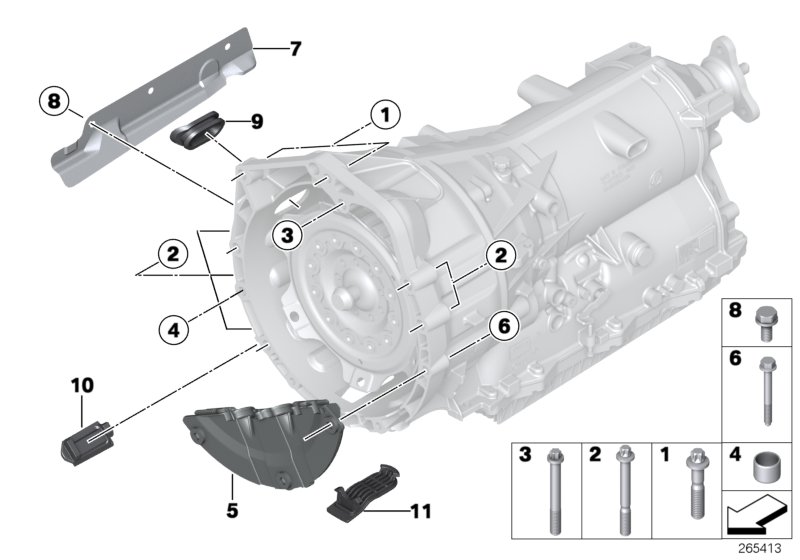Крепление/дополнит.элементы КПП для BMW F11 520i N20 (схема запчастей)