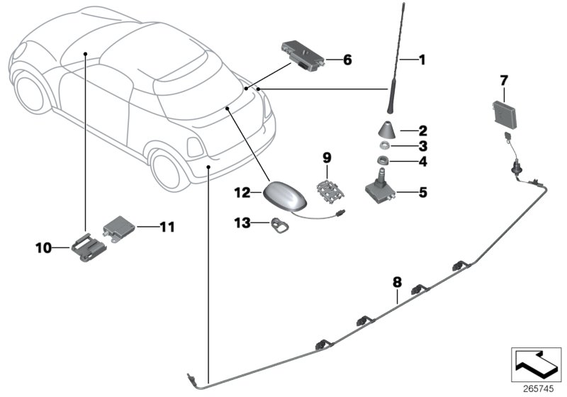 Детали антенны для BMW R59 Coop.S JCW N18 (схема запчастей)
