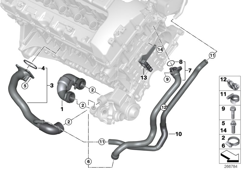 Водяной шланг системы охлаждения для BMW E90 335i N54 (схема запчастей)