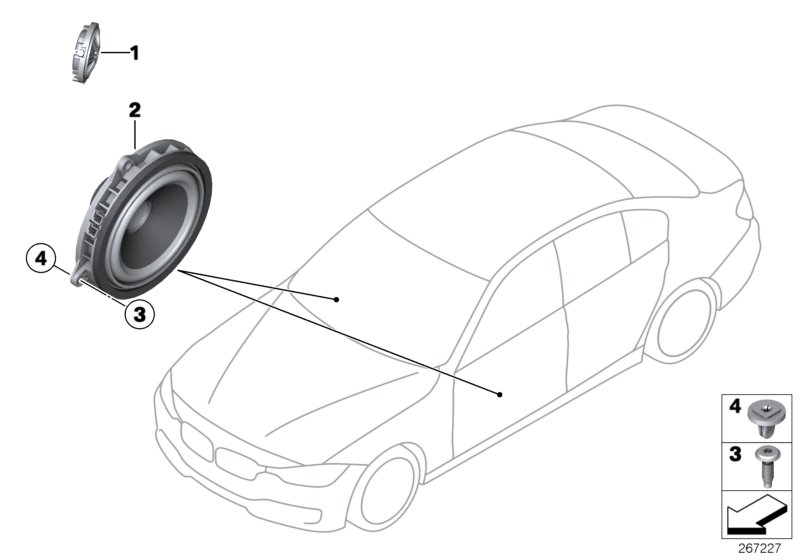 Детали динамика в двери Пд для BMW F30N 335dX N57Z (схема запчастей)