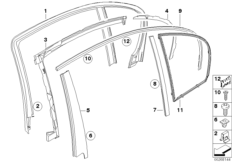 Накладки и уплотнения двери Зд для BMW E60 530xd M57N2 (схема запасных частей)