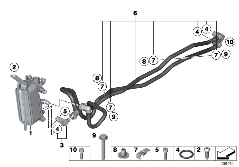 Теплообменник/трубопровод радиатора КПП для BMW F10 528iX N20 (схема запчастей)