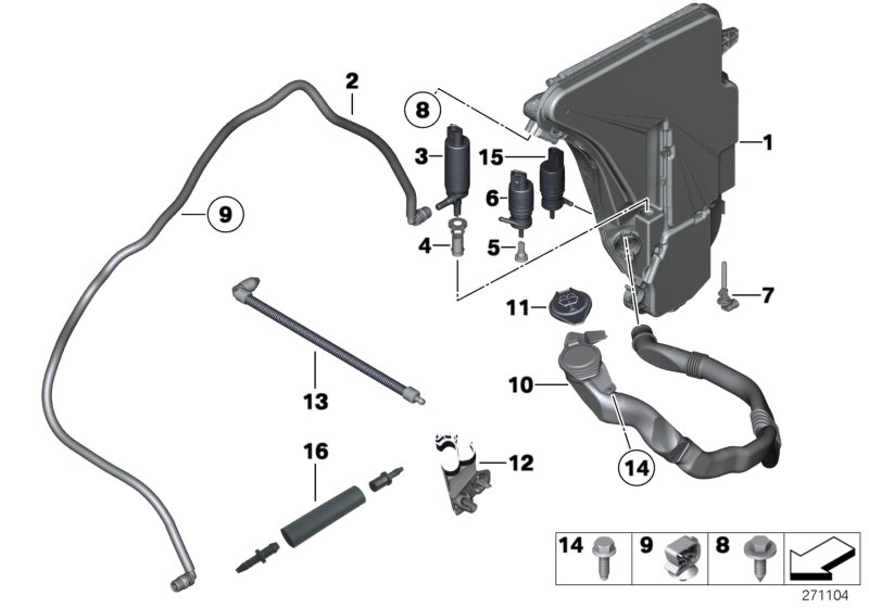 Бачок стеклоомывателя/омывателя фар для BMW F10 550i N63 (схема запчастей)