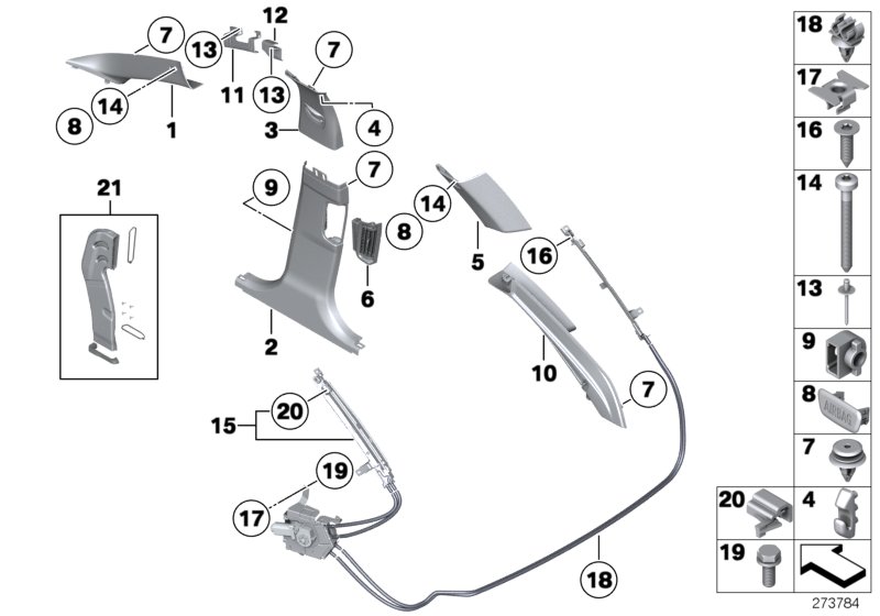 Облицовка стойки A / B / C / D для BMW F11 525dX N47S1 (схема запчастей)