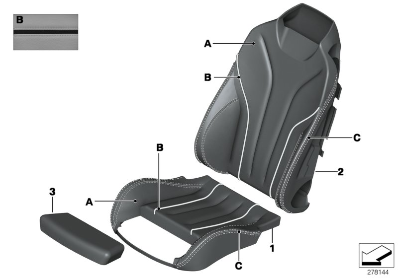 Инд. обивка спортивного сиденья Пд для BMW F13 650i N63 (схема запчастей)