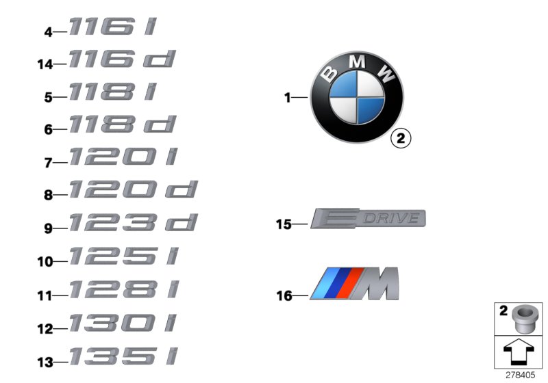 Эмблемы / надписи для BMW E82 120i N46N (схема запчастей)