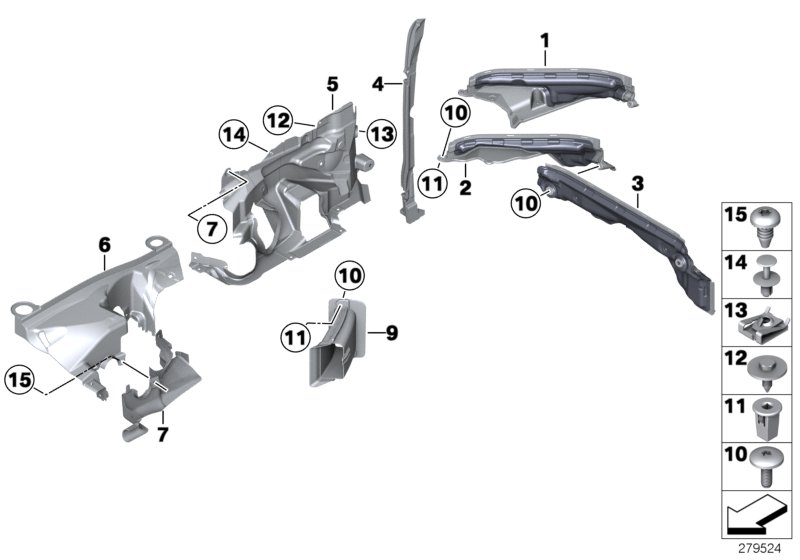Дополнительные элементы моторного отсека для BMW F11 528i N53 (схема запчастей)