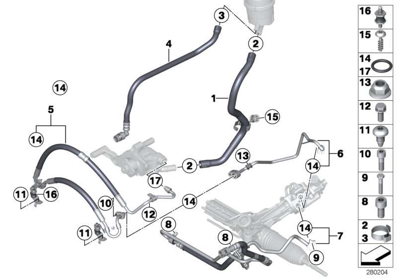 Маслопроводы гидроусилителя рул.управл. для BMW F10 M5 S63N (схема запчастей)