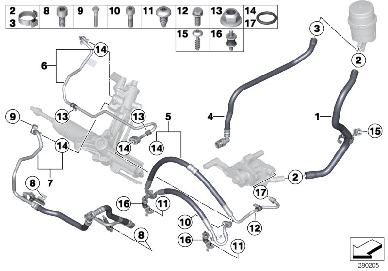 Маслопроводы гидроусилителя рул.управл. для BMW F13N M6 S63N (схема запчастей)