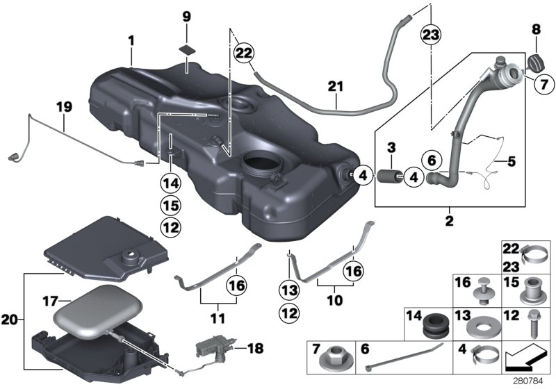 Топливный бак/дополнительные элементы для BMW R56 One D W16 (схема запчастей)