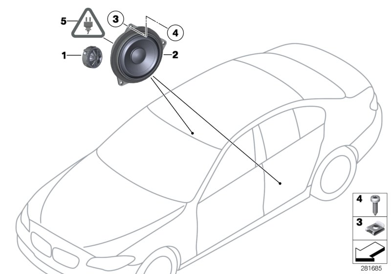 Детали системы Top-HiFi на Зд двери для BMW F10 530dX N57N (схема запчастей)