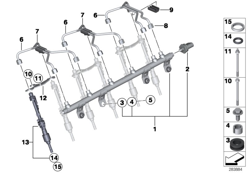 Магистраль Rail/форсунка/провод для BMW F20 M135iX N55 (схема запчастей)