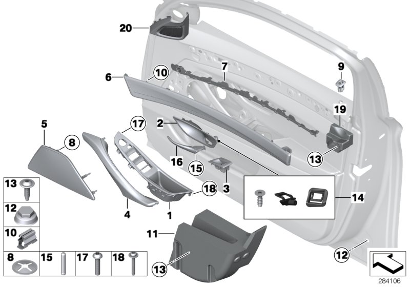 Доп.элементы обшивки передней двери для BMW F11 525d N57 (схема запчастей)