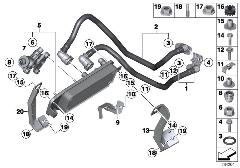 Теплообменник/трубопровод радиатора КПП для BMW F10 Hybrid 5 N55 (схема запчастей)