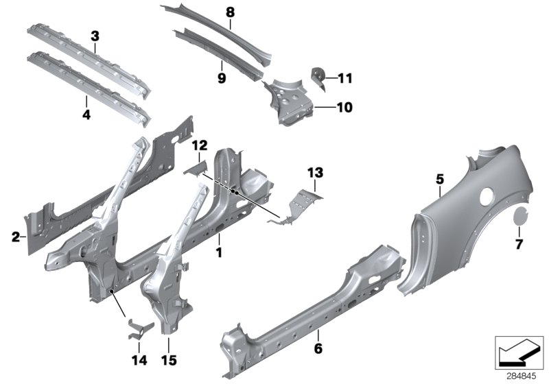 Детали бокового каркаса для BMW R59 Cooper S N18 (схема запчастей)