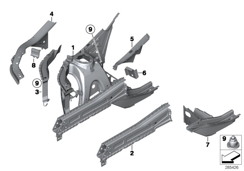Колесная ниша/лонжерон для BMW F25 X3 35iX N55 (схема запчастей)