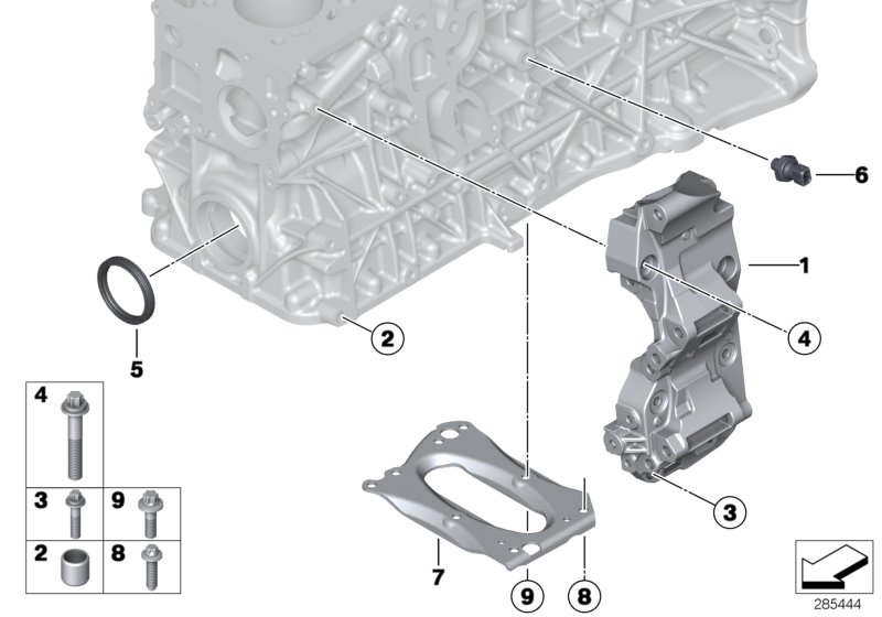 Блок цилиндров/дополнительные элементы для BMW F12 640dX N57Z (схема запчастей)
