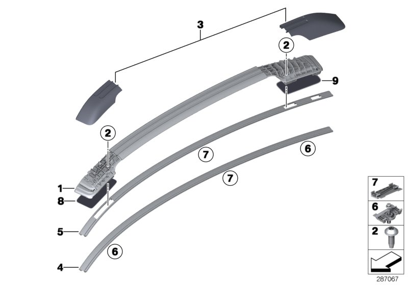Декоративная планка крыши/леер для BMW E71 X6 M S63 (схема запчастей)