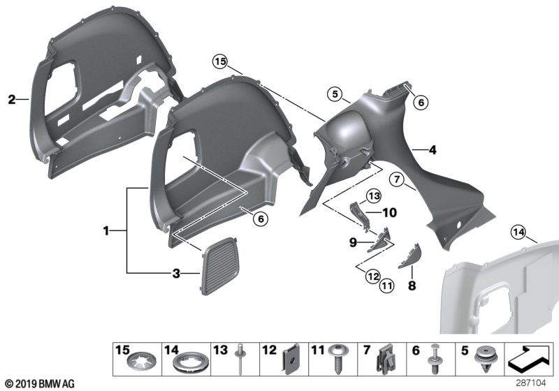 Обшивка багажного отделения Бок для BMW R60 Cooper S ALL4 N18 (схема запчастей)