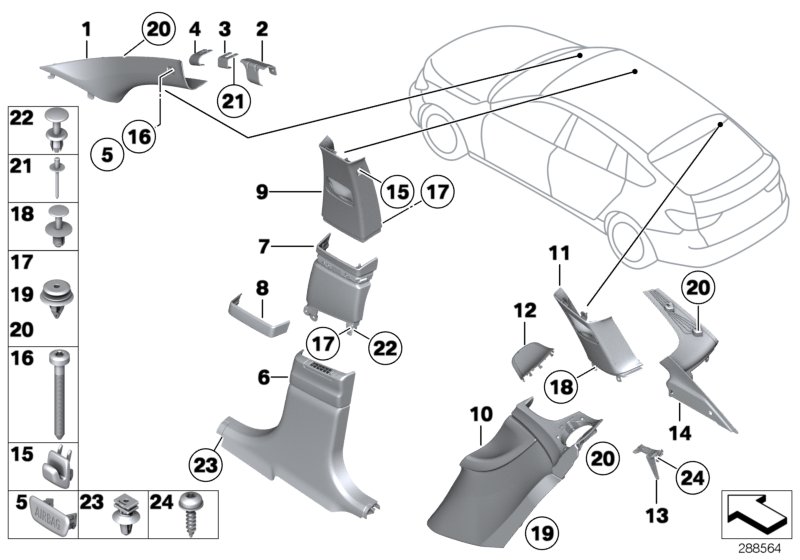Облицовка стойки A / B / C / D для BMW F07 550iX N63 (схема запчастей)