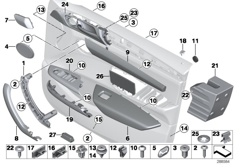 Доп.элементы обшивки передней двери для BMW F25 X3 28iX N52N (схема запчастей)