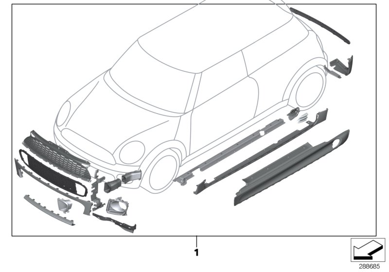 К-т доосн.аэродин.к-том JCW (с 03/2012) для BMW R56N One 55kW N16 (схема запчастей)