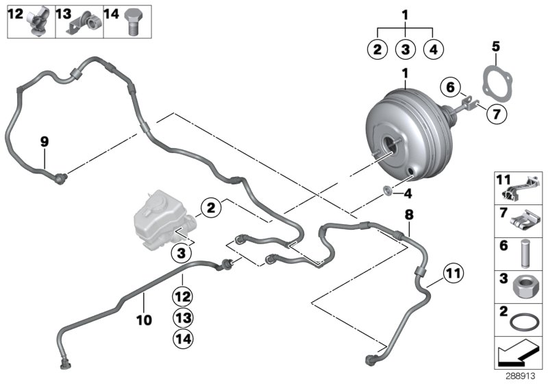 Вакуумный усилитель тормозов для BMW F02N 740LiX N55 (схема запчастей)