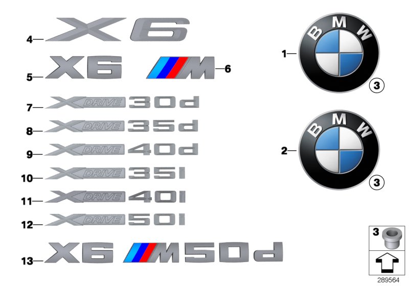 Эмблемы / надписи для BMW E71 X6 M50dX N57X (схема запчастей)