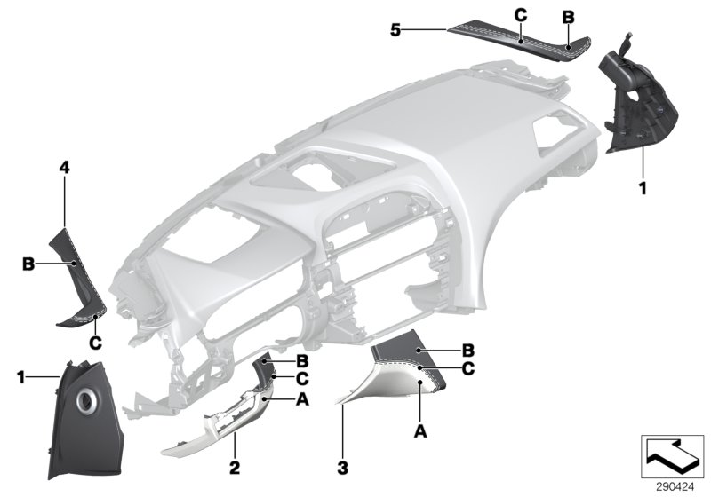 Панель приборов Individual,доп.элементы для BMW F12 640dX N57Z (схема запчастей)