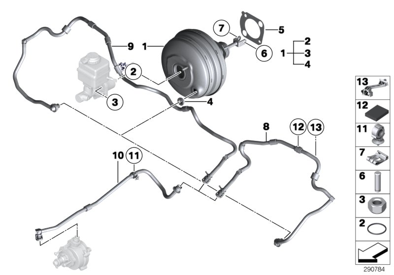 Вакуумный усилитель тормозов для BMW F02N 730Li N52N (схема запчастей)