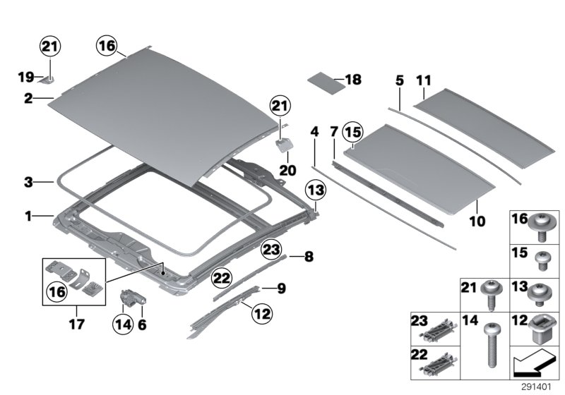 подъемно-сдвижная крышка люка для BMW F13N 640d N57Z (схема запчастей)