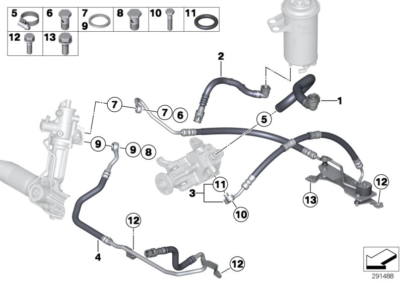 Маслопроводы гидроусилителя рул.управл. для BMW E71 X6 M50dX N57X (схема запчастей)