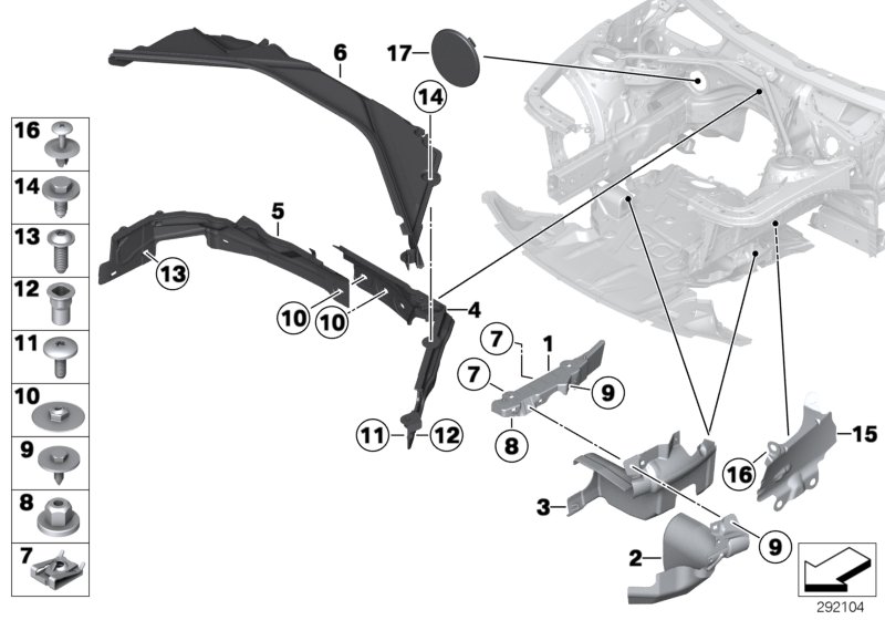 Дополнительные элементы моторного отсека для BMW MOSP M235i Racing N55 (схема запчастей)