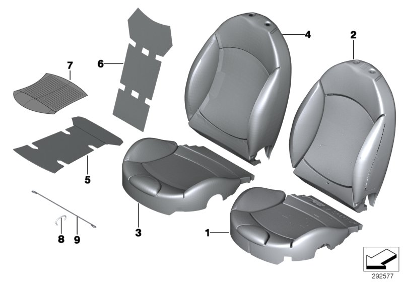 Набивка и обивка передн.сиденья для BMW R59 Coop.S JCW N18 (схема запчастей)