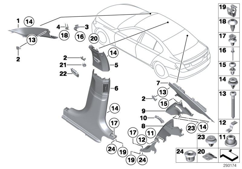 Облицовка Пд / Ср / Зд стойки для BMW F01 730i N52N (схема запчастей)